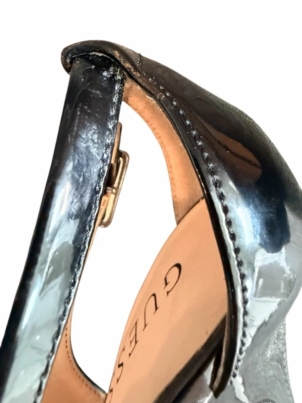 GUESS Black Patent Peep-Toe Slingback Platform Heels